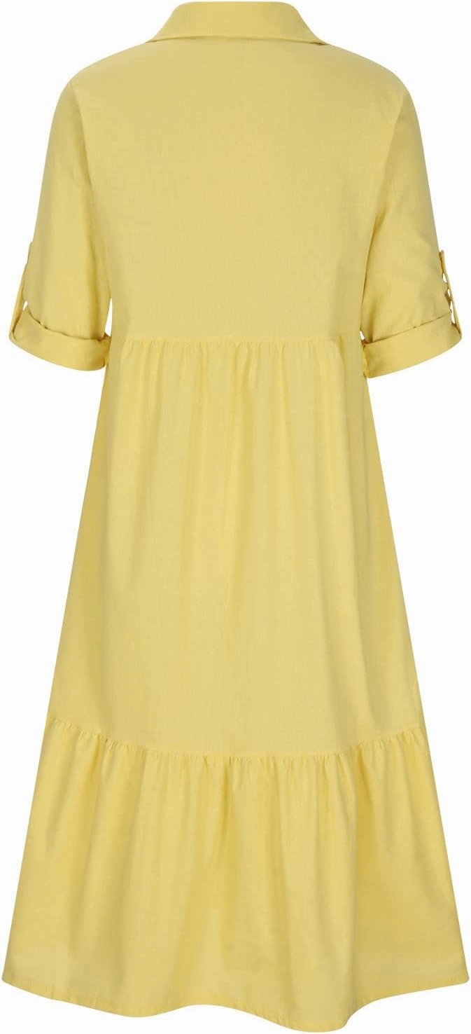 Womens Cotton Linen Dress Casual Roll Up Sleeve Flowy Casual Dresses Button Up Lapel Collar Empire Waist Dresses