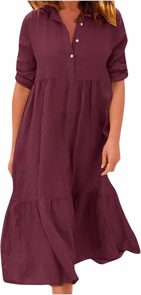 Womens Cotton Linen Dress Casual Roll Up Sleeve Flowy Casual Dresses Button Up Lapel Collar Empire Waist Dresses