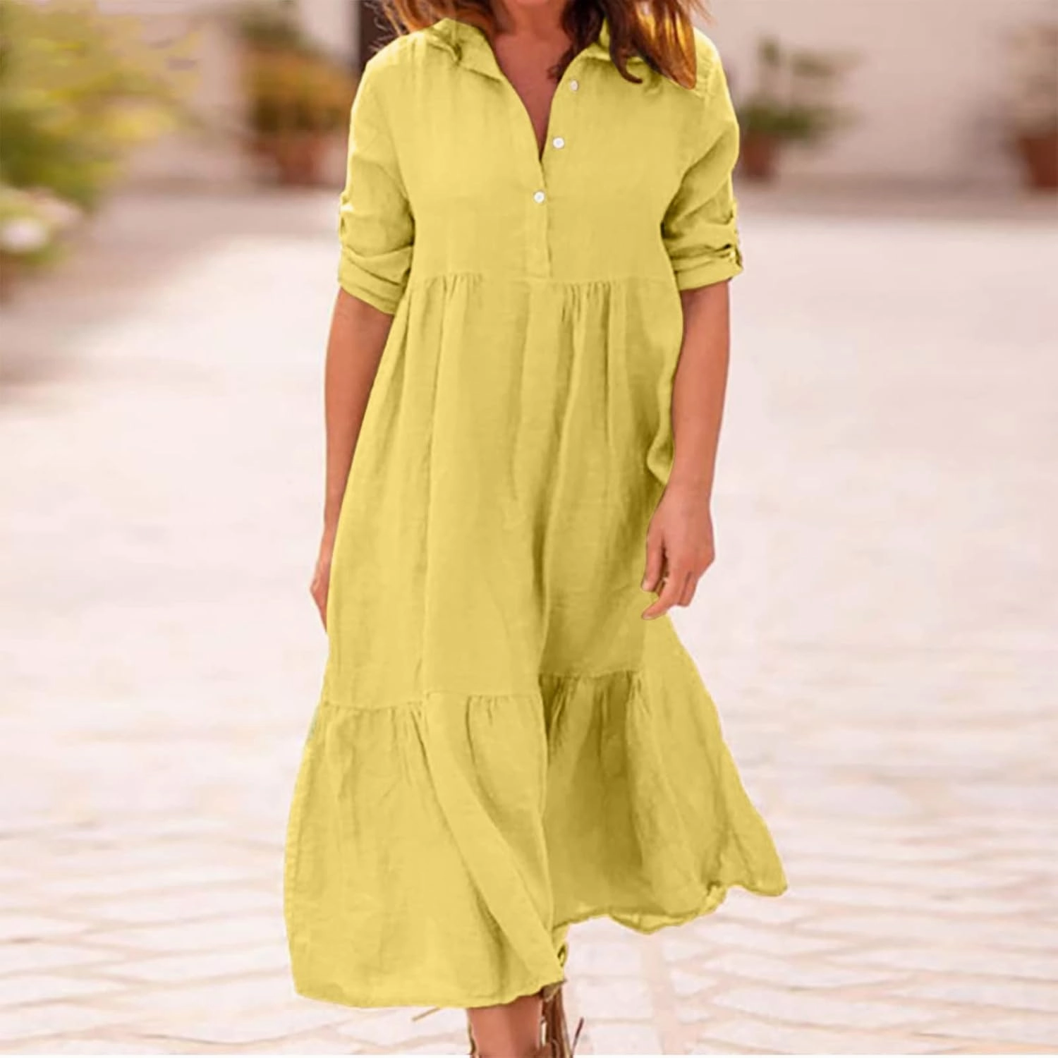Womens Cotton Linen Dress Casual Roll Up Sleeve Flowy Casual Dresses Button Up Lapel Collar Empire Waist Dresses