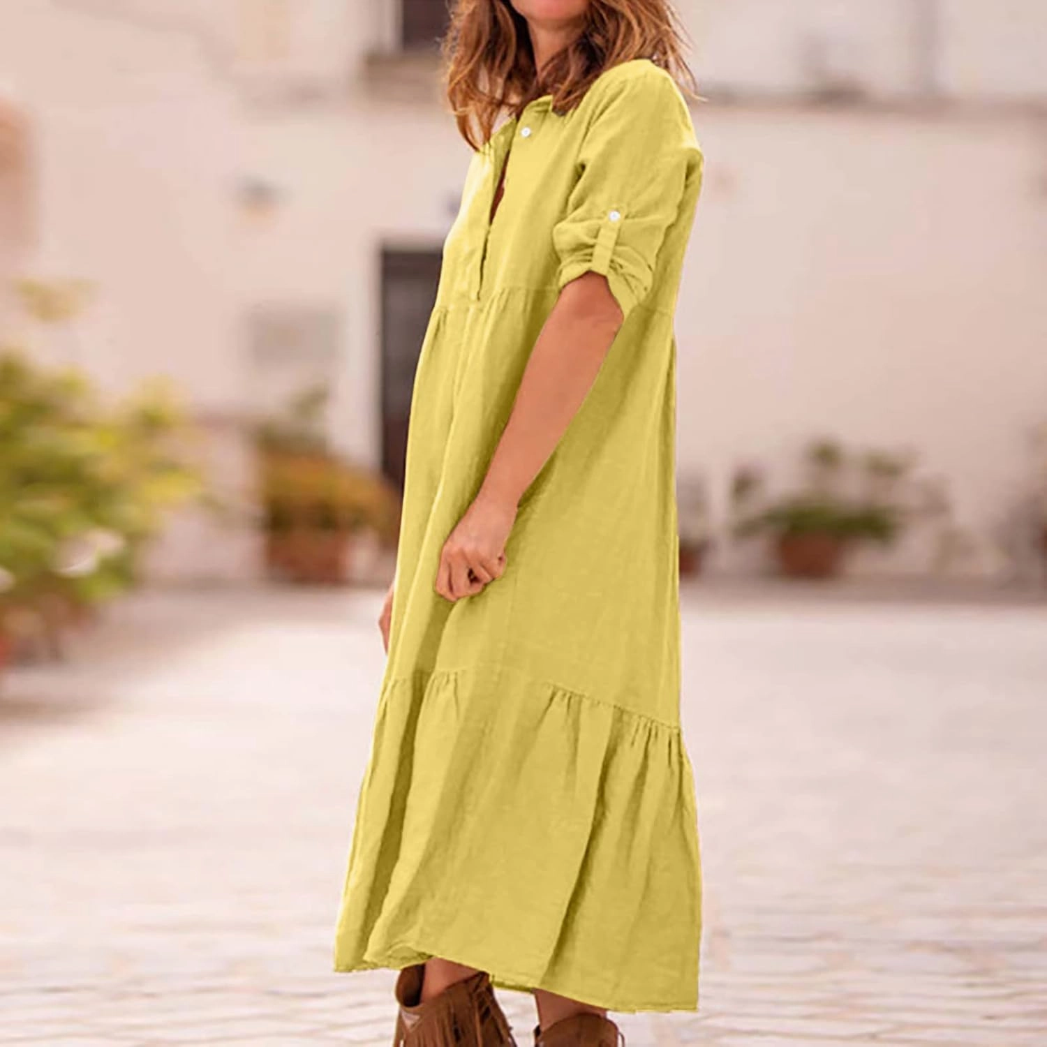 Womens Cotton Linen Dress Casual Roll Up Sleeve Flowy Casual Dresses Button Up Lapel Collar Empire Waist Dresses