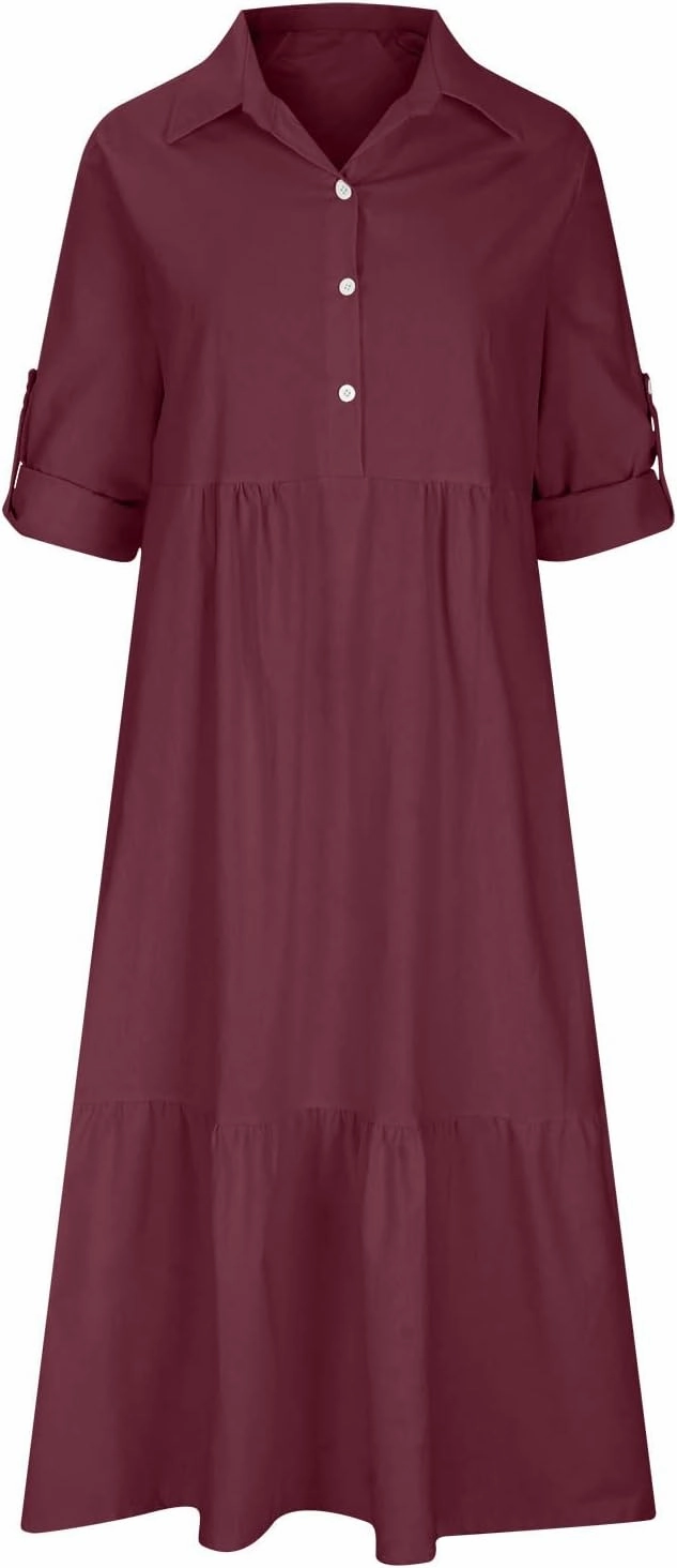 Womens Cotton Linen Dress Casual Roll Up Sleeve Flowy Casual Dresses Button Up Lapel Collar Empire Waist Dresses