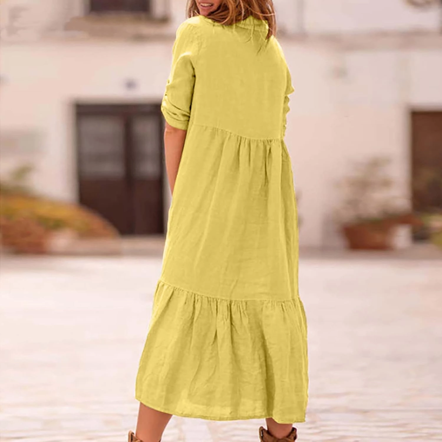 Womens Cotton Linen Dress Casual Roll Up Sleeve Flowy Casual Dresses Button Up Lapel Collar Empire Waist Dresses