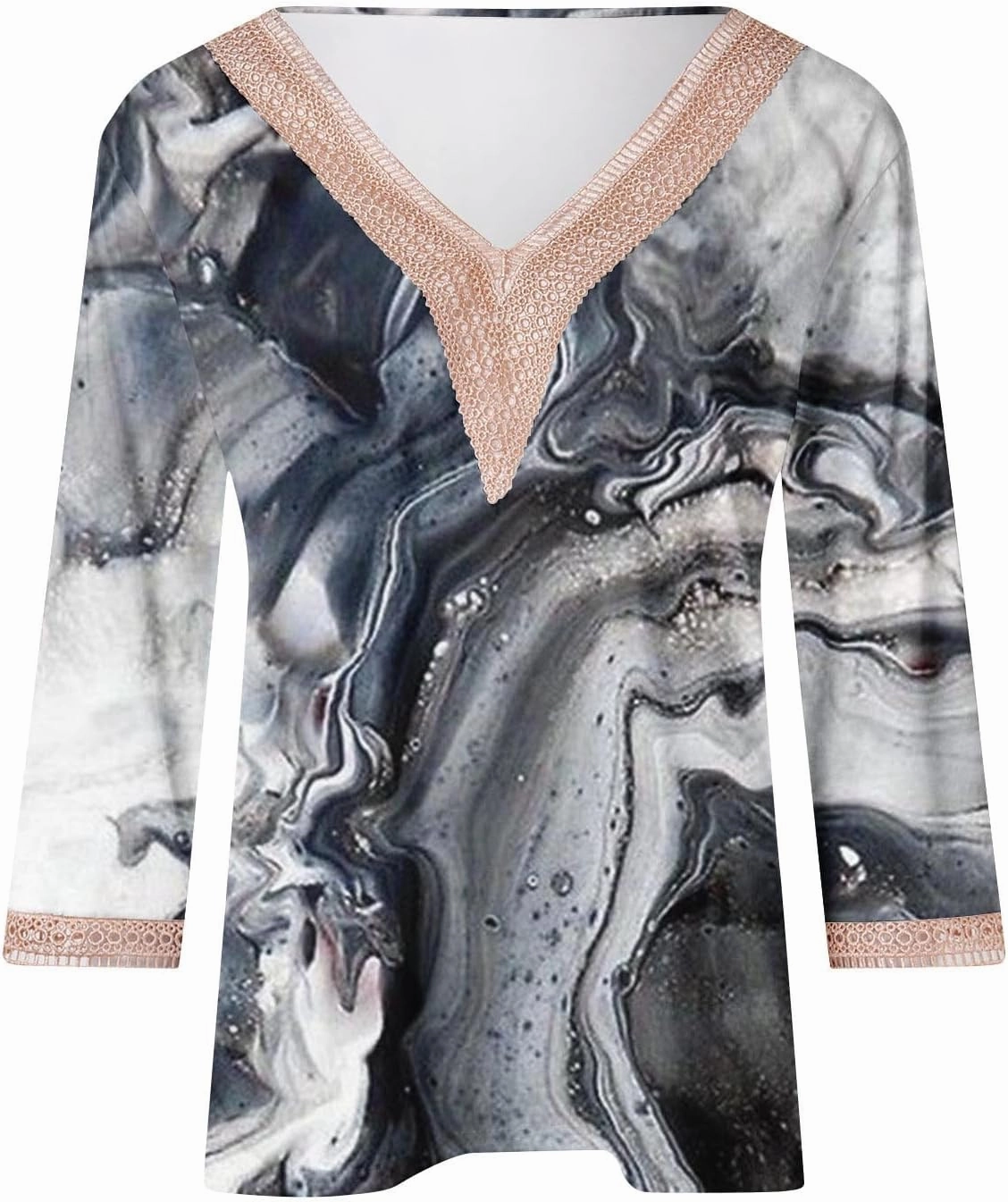 Womens Cute Summer Tops 2024 Marble Print Dressy Causal Shirts Lace Trim V Neck Blouse Tunic Trendy Vacation Outfits