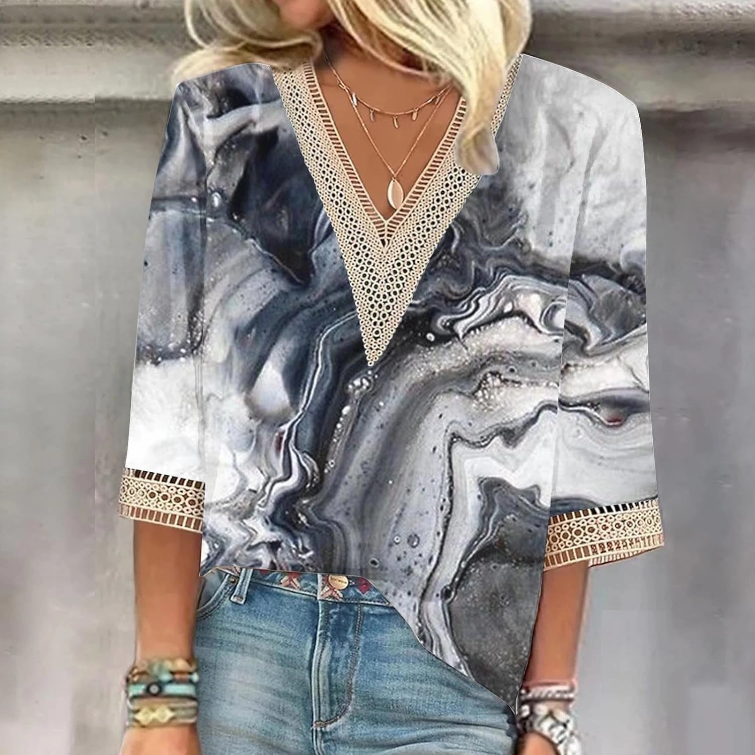 Womens Cute Summer Tops 2024 Marble Print Dressy Causal Shirts Lace Trim V Neck Blouse Tunic Trendy Vacation Outfits
