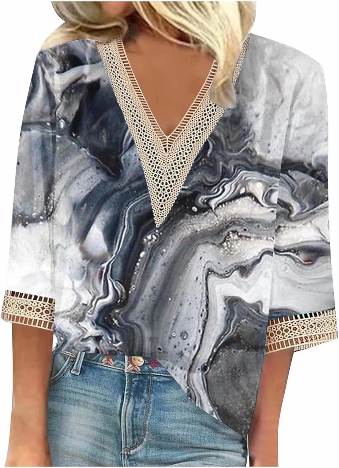 Womens Cute Summer Tops 2024 Marble Print Dressy Causal Shirts Lace Trim V Neck Blouse Tunic Trendy Vacation Outfits