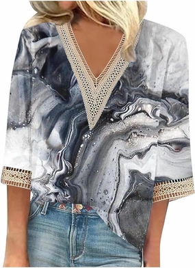 Womens Cute Summer Tops 2024 Marble Print Dressy Causal Shirts Lace Trim V Neck Blouse Tunic Trendy Vacation Outfits