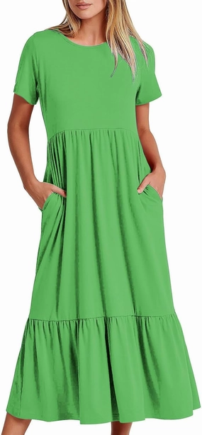 Womens Dresses Casual Short Sleeve Tiered Pleated Ruffle Maxi Dress with Pockets Summer Crewneck Solid Shirt Sundress