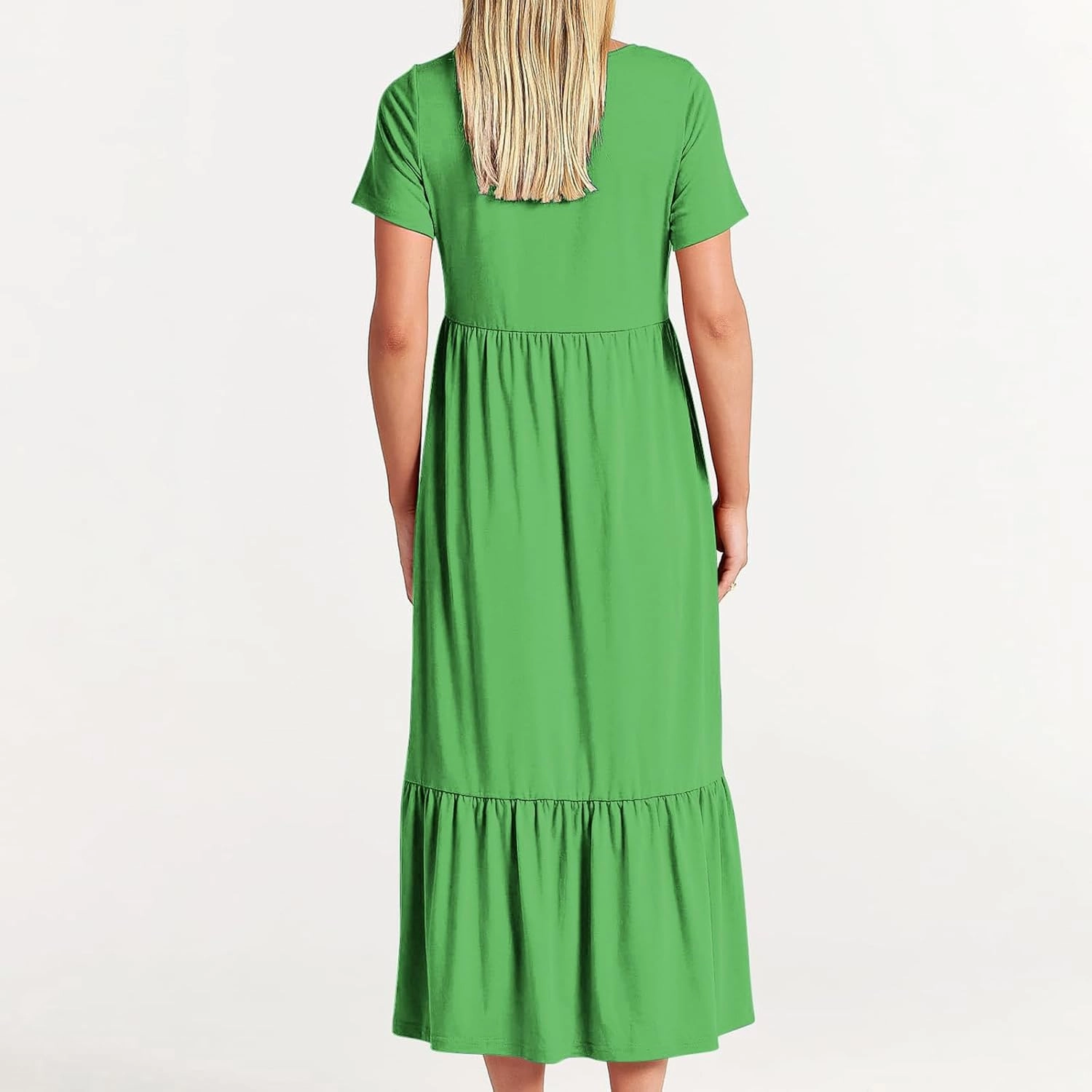 Womens Dresses Casual Short Sleeve Tiered Pleated Ruffle Maxi Dress with Pockets Summer Crewneck Solid Shirt Sundress