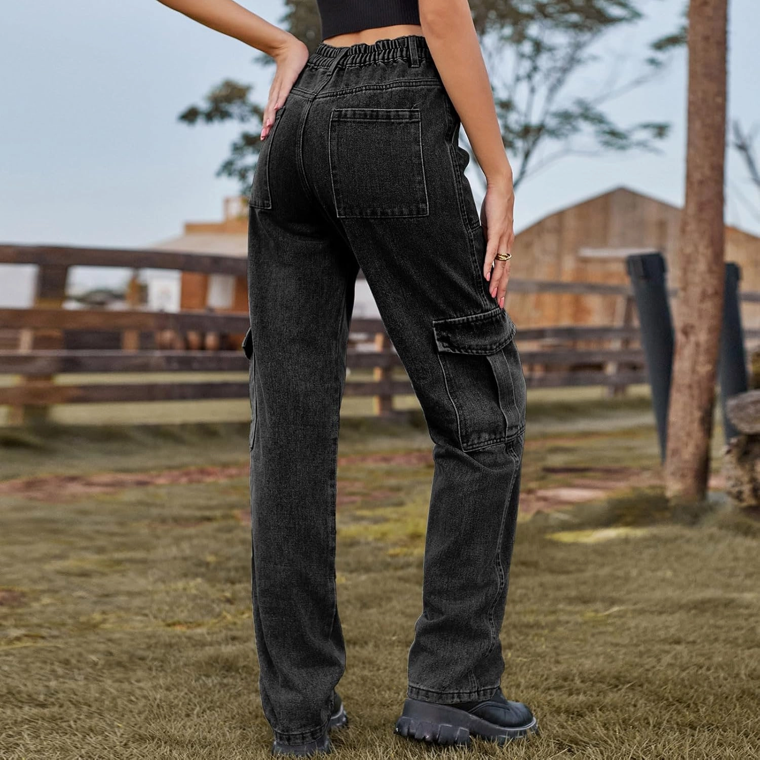 Womens High Waisted Cargo Jeans Casual Stretchy Wide Leg Cargo Pants with 6 Pockets Y2K Streetwear Denim Trousers