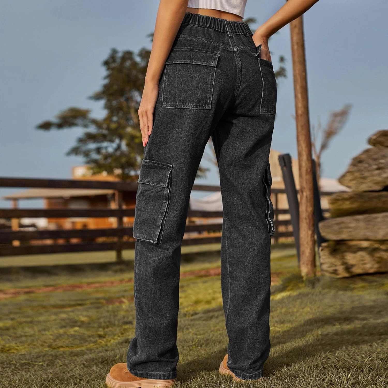 Womens High Waisted Cargo Jeans Casual Stretchy Wide Leg Cargo Pants with 6 Pockets Y2K Streetwear Denim Trousers