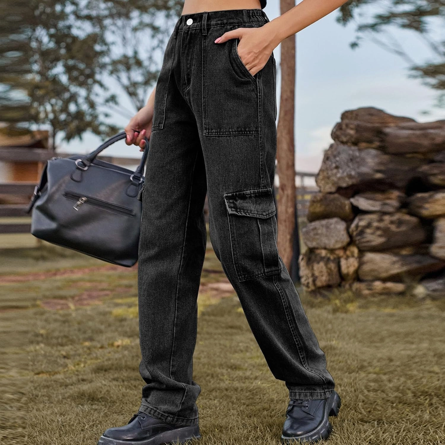 Womens High Waisted Cargo Jeans Casual Stretchy Wide Leg Cargo Pants with 6 Pockets Y2K Streetwear Denim Trousers
