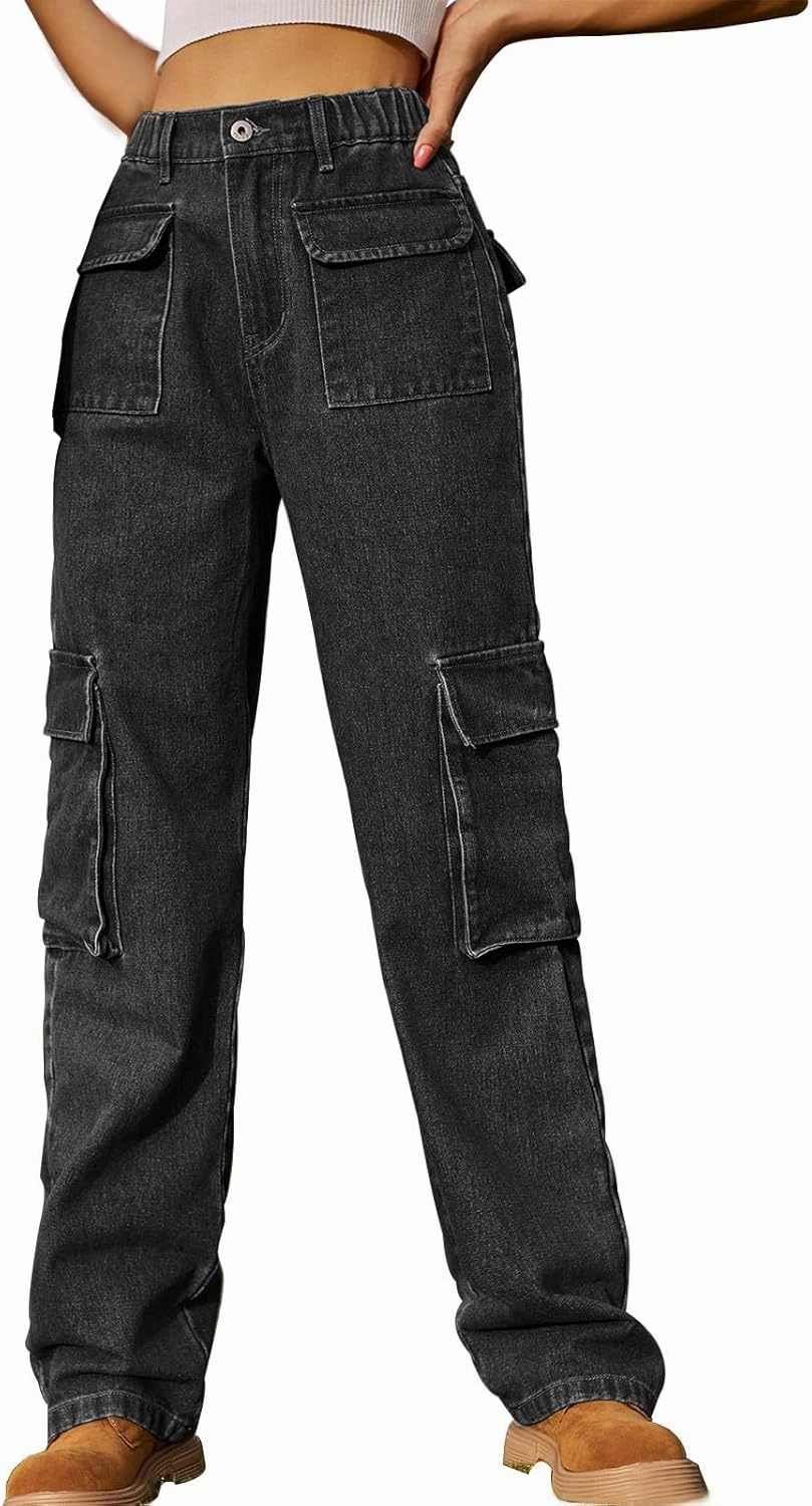 Womens High Waisted Cargo Jeans Casual Stretchy Wide Leg Cargo Pants with 6 Pockets Y2K Streetwear Denim Trousers
