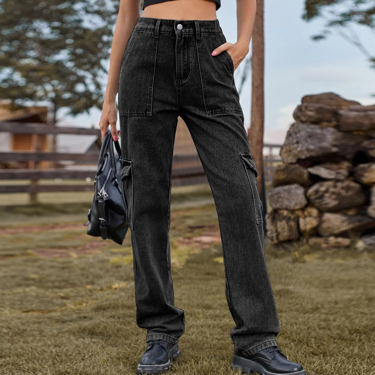 Womens High Waisted Cargo Jeans Casual Stretchy Wide Leg Cargo Pants with 6 Pockets Y2K Streetwear Denim Trousers