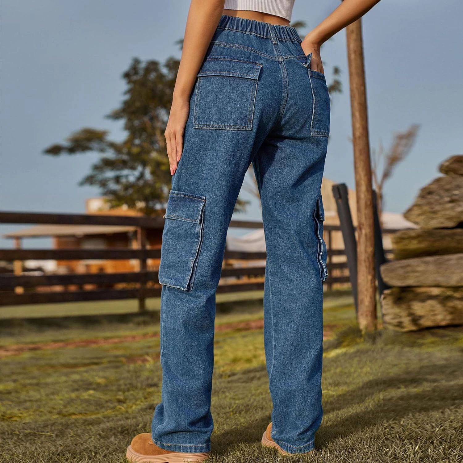 Womens High Waisted Cargo Jeans Casual Stretchy Wide Leg Cargo Pants with 6 Pockets Y2K Streetwear Denim Trousers