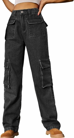 Womens High Waisted Cargo Jeans Casual Stretchy Wide Leg Cargo Pants with 6 Pockets Y2K Streetwear Denim Trousers
