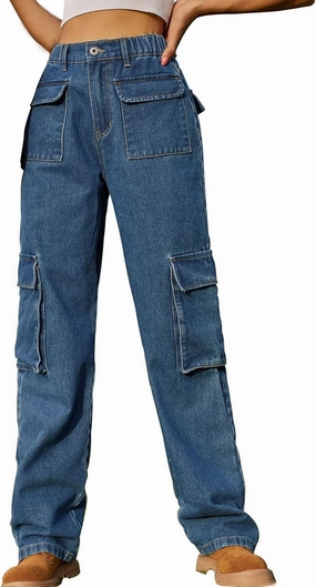 Womens High Waisted Cargo Jeans Casual Stretchy Wide Leg Cargo Pants with 6 Pockets Y2K Streetwear Denim Trousers