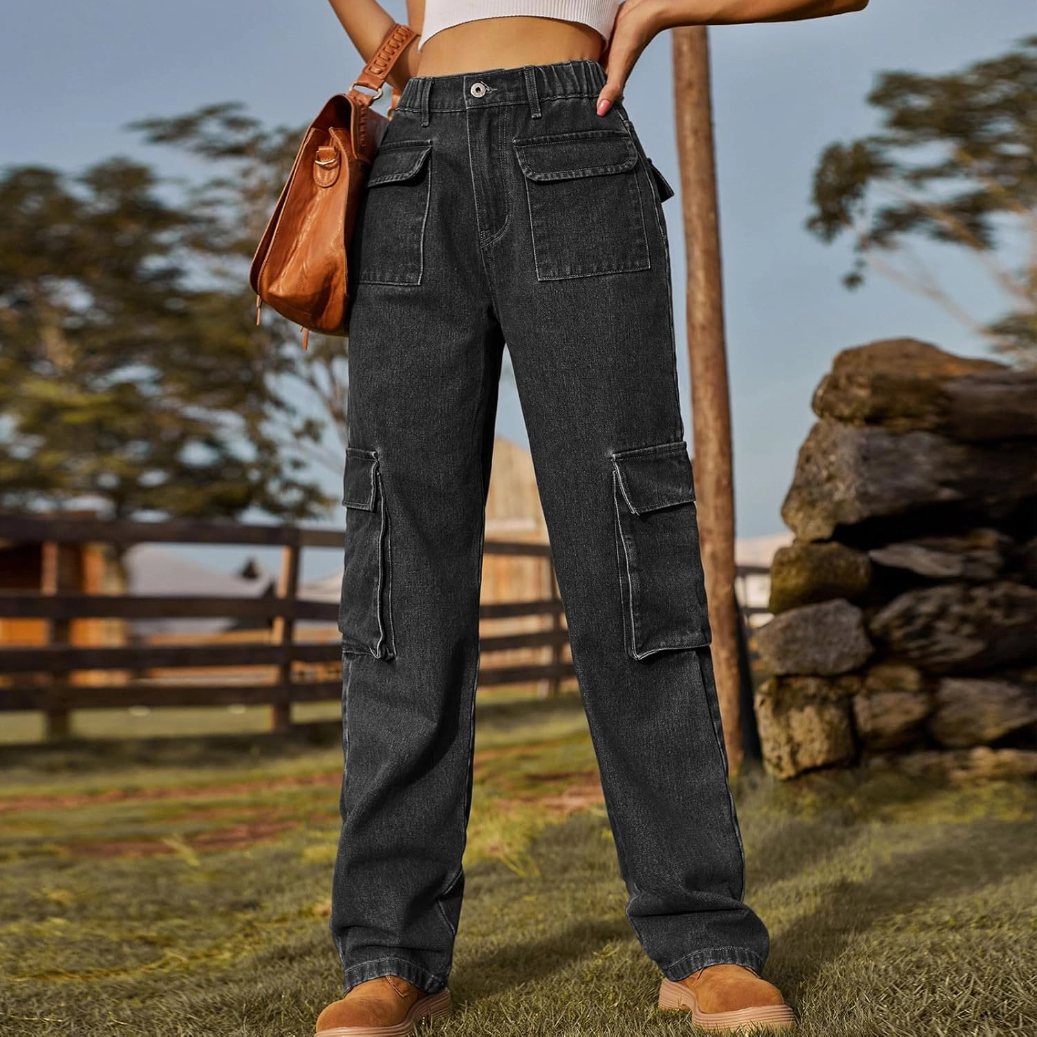 Womens High Waisted Cargo Jeans Casual Stretchy Wide Leg Cargo Pants with 6 Pockets Y2K Streetwear Denim Trousers