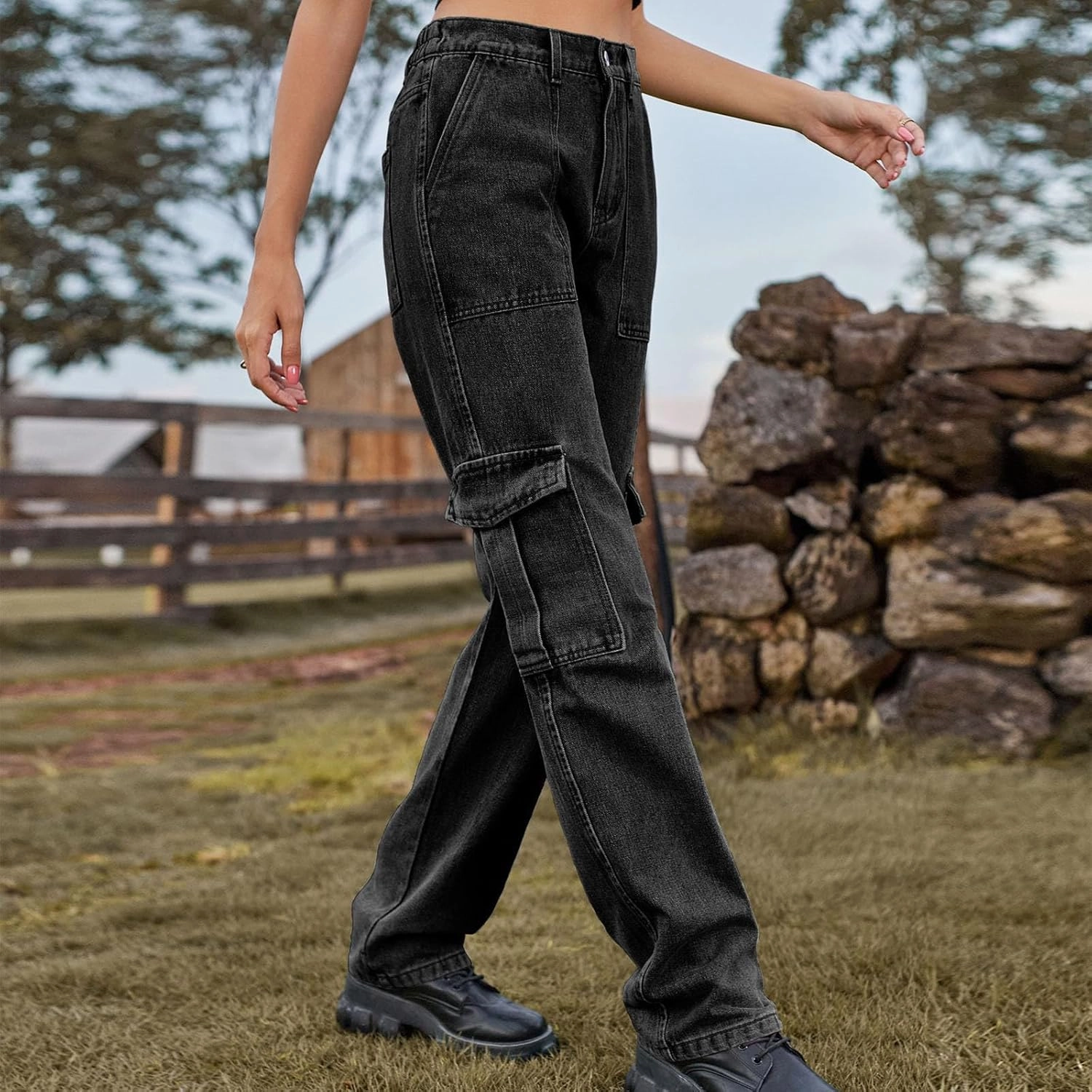 Womens High Waisted Cargo Jeans Casual Stretchy Wide Leg Cargo Pants with 6 Pockets Y2K Streetwear Denim Trousers