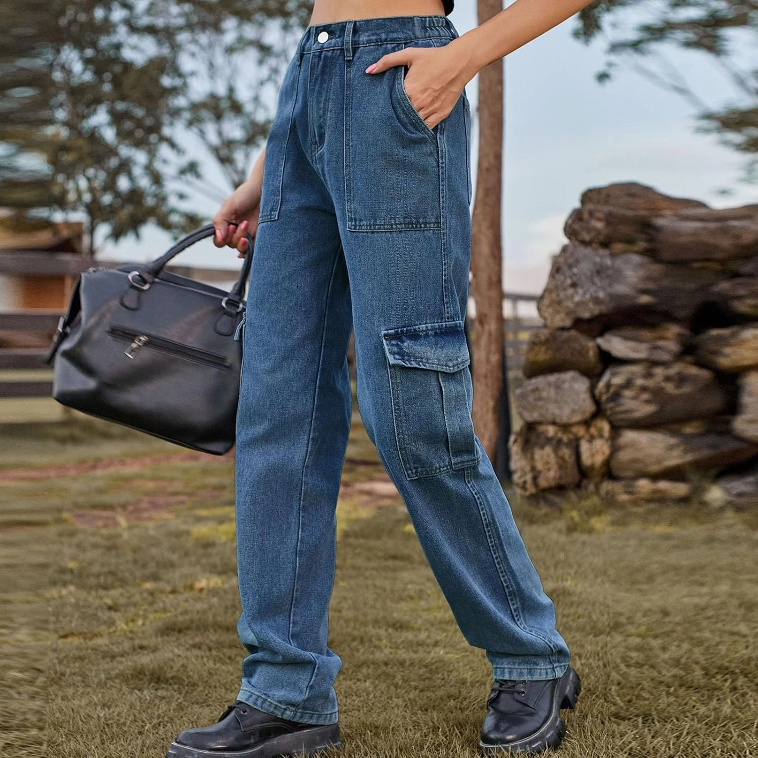 Womens High Waisted Cargo Jeans Casual Stretchy Wide Leg Cargo Pants with 6 Pockets Y2K Streetwear Denim Trousers