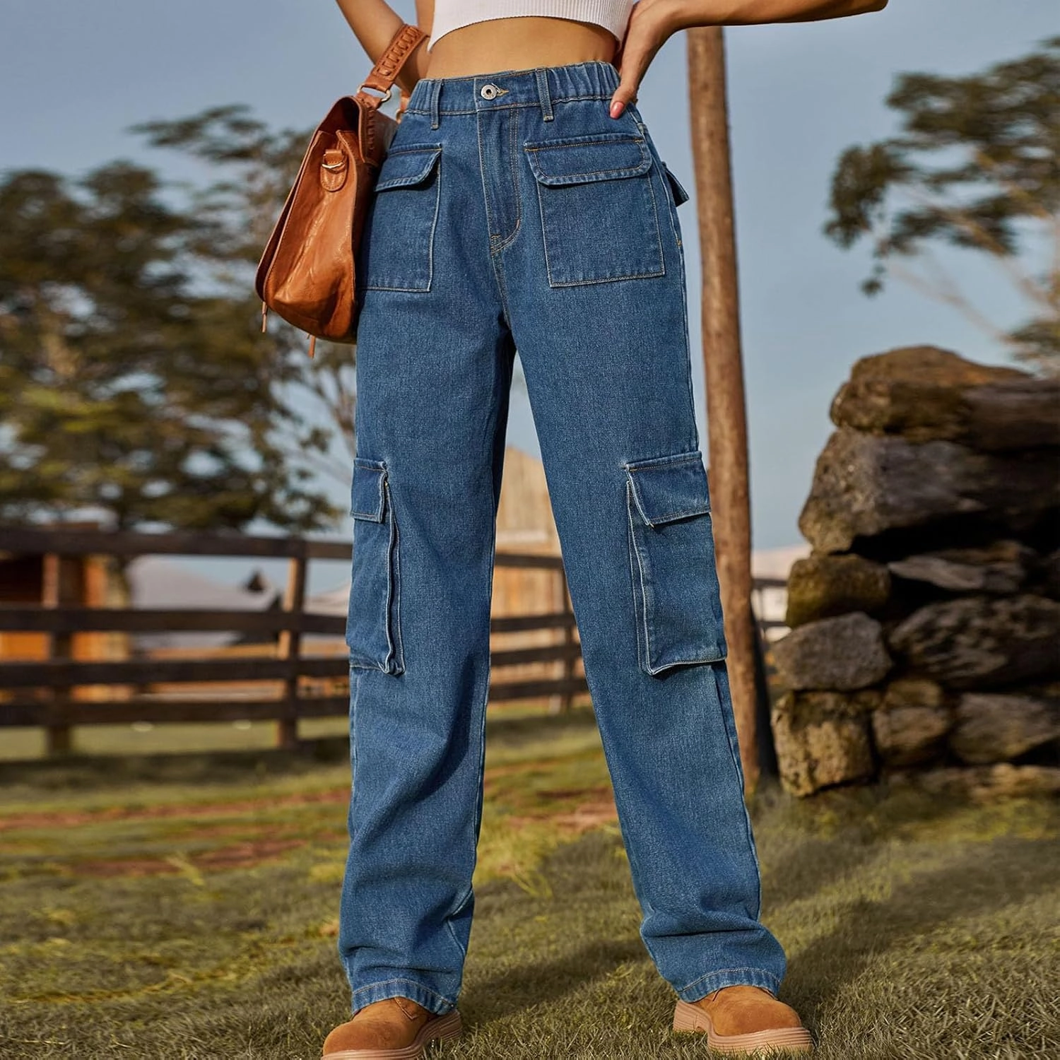 Womens High Waisted Cargo Jeans Casual Stretchy Wide Leg Cargo Pants with 6 Pockets Y2K Streetwear Denim Trousers