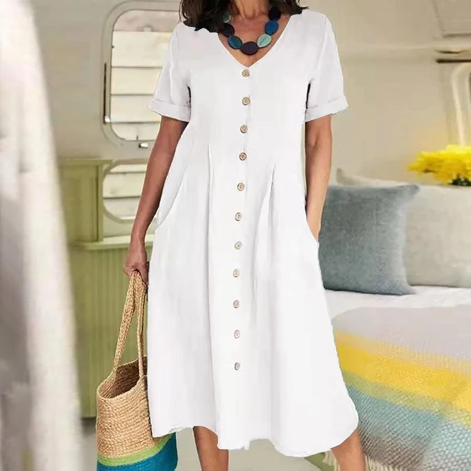 Womens Plus Size Cotton Linen Summer Dress Casual V-Neck Solid Short Sleeve Button Pocket T-Shirt Dress