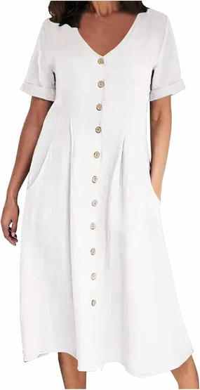 Womens Plus Size Cotton Linen Summer Dress Casual V-Neck Solid Short Sleeve Button Pocket T-Shirt Dress