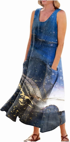 Womens Plus Size Summer Dresses 2025 Gradient Ombre Trendy Casual Vacation Sleeveless Boho Tank Midi Pockets Sundresses