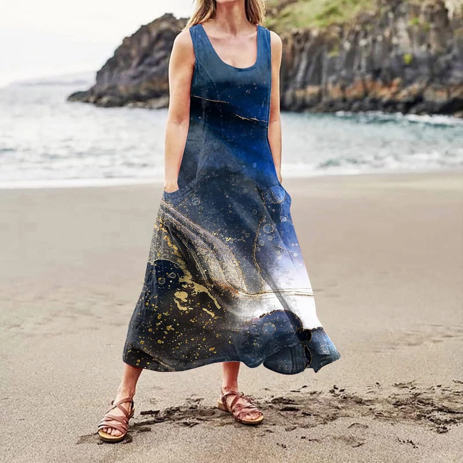 Womens Plus Size Summer Dresses 2025 Gradient Ombre Trendy Casual Vacation Sleeveless Boho Tank Midi Pockets Sundresses