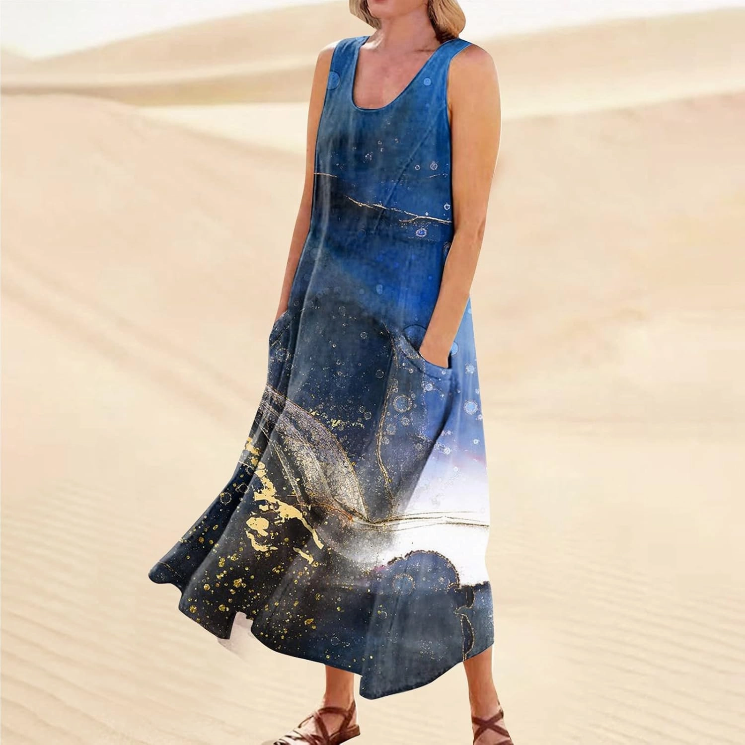 Womens Plus Size Summer Dresses 2025 Gradient Ombre Trendy Casual Vacation Sleeveless Boho Tank Midi Pockets Sundresses
