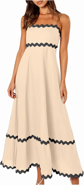 Womens Spaghetti Strap Sleeveless Rickrack Trim Dress Summer Casual Comfy A-Line Maxi Dress Vocation Flowy Long Dress