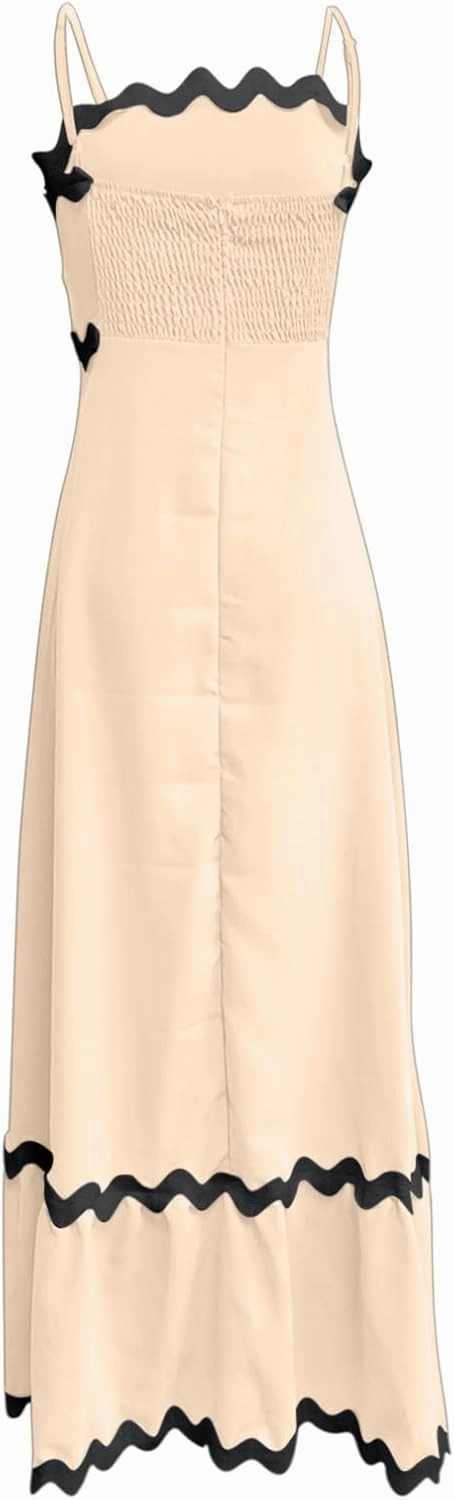 Womens Spaghetti Strap Sleeveless Rickrack Trim Dress Summer Casual Comfy A-Line Maxi Dress Vocation Flowy Long Dress