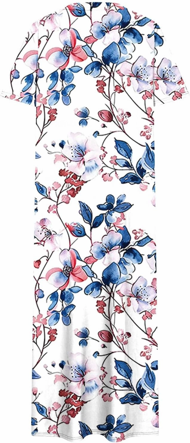 Womens Summer Dresses Casual Boho Floral Print Short Sleeve Midi Sundress Loose Fit Fashion Dress with Pockets