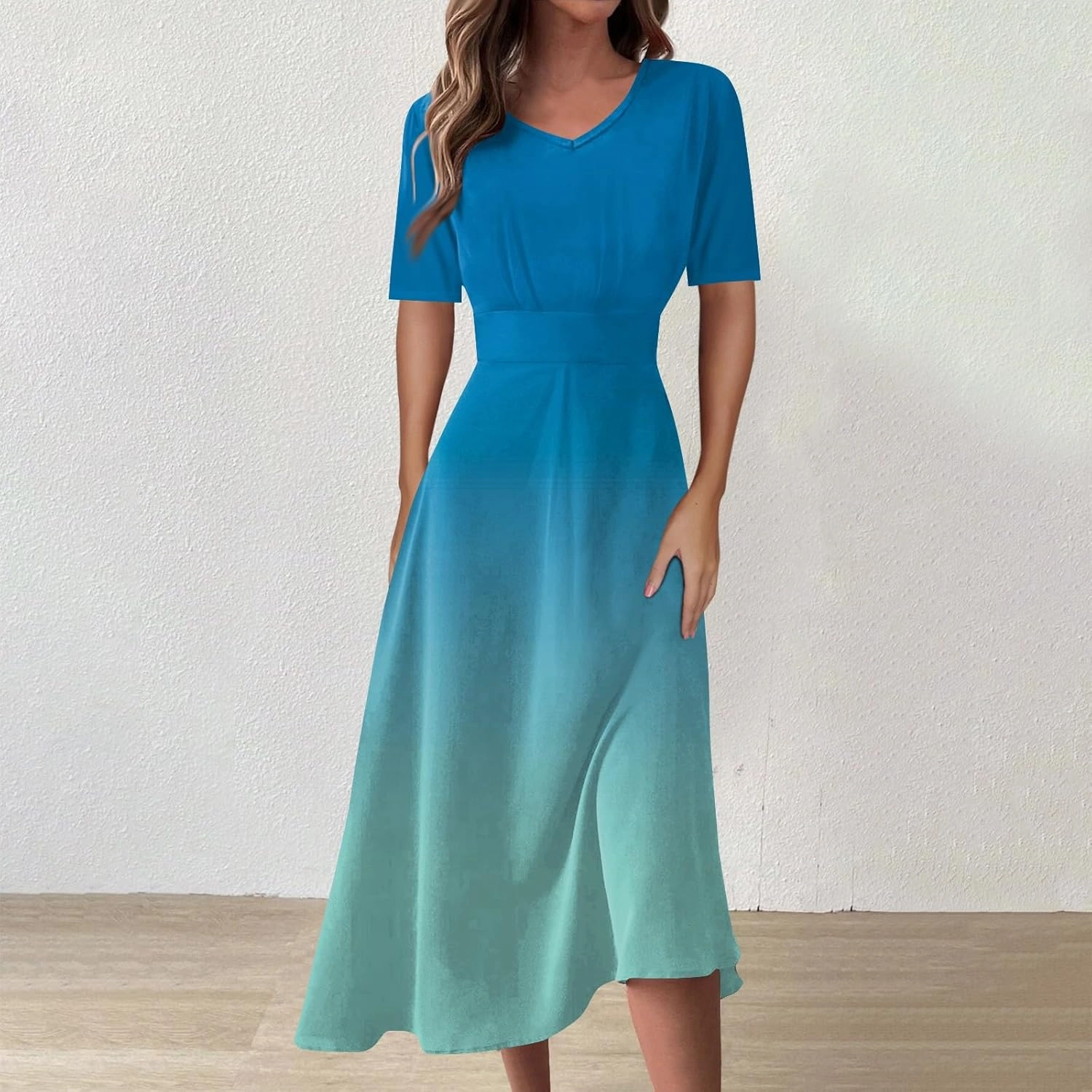 Womens Summer Dresses Sexy V Neck Dresses Short Sleeve Loose Fit Tunic Dress Casual Plus Size Flowy Dresses 2024