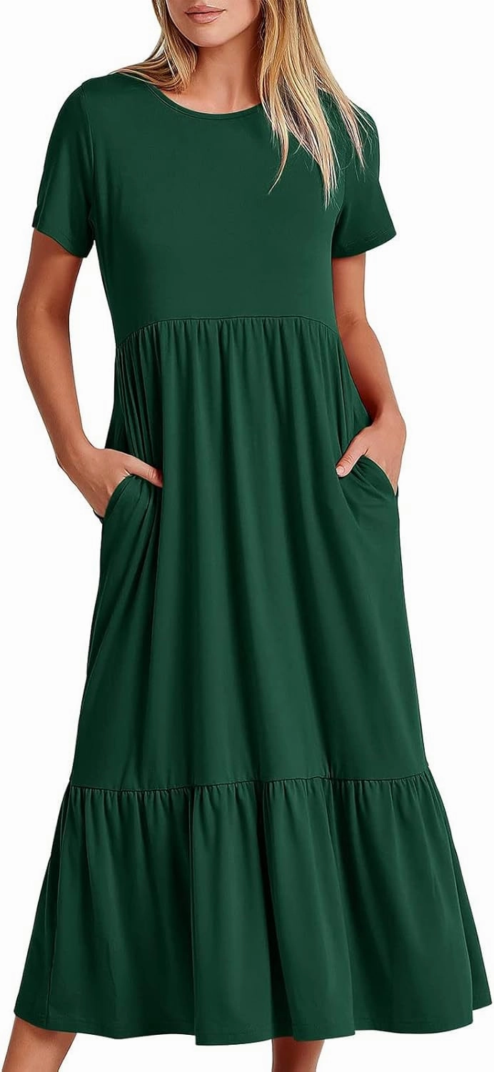 Womens Summer Short Sleeve Crewneck Shirt Dress Casual Flowy Tiered Maxi Beach Sundress with Pockets Elegant Long Dresses