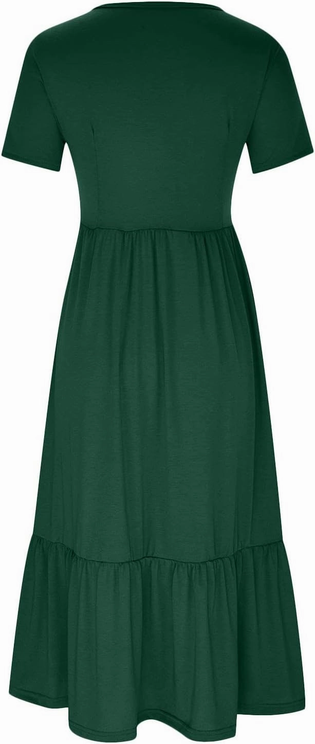 Womens Summer Short Sleeve Crewneck Shirt Dress Casual Flowy Tiered Maxi Beach Sundress with Pockets Elegant Long Dresses