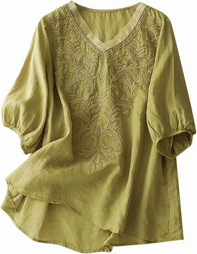 Womens Summer Tops 2025 Short Sleeve Cotton Linen Shirts Causal V-Neck Batwing Oversized T-Shirt Solid Color Top