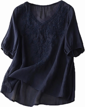 Womens Summer Tops 2025 Short Sleeve Cotton Linen Shirts Causal V-Neck Batwing Oversized T-Shirt Solid Color Top