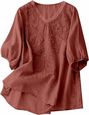 Womens Summer Tops 2025 Short Sleeve Cotton Linen Shirts Causal V-Neck Batwing Oversized T-Shirt Solid Color Top
