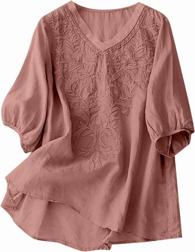 Womens Summer Tops 2025 Short Sleeve Cotton Linen Shirts Causal V-Neck Batwing Oversized T-Shirt Solid Color Top