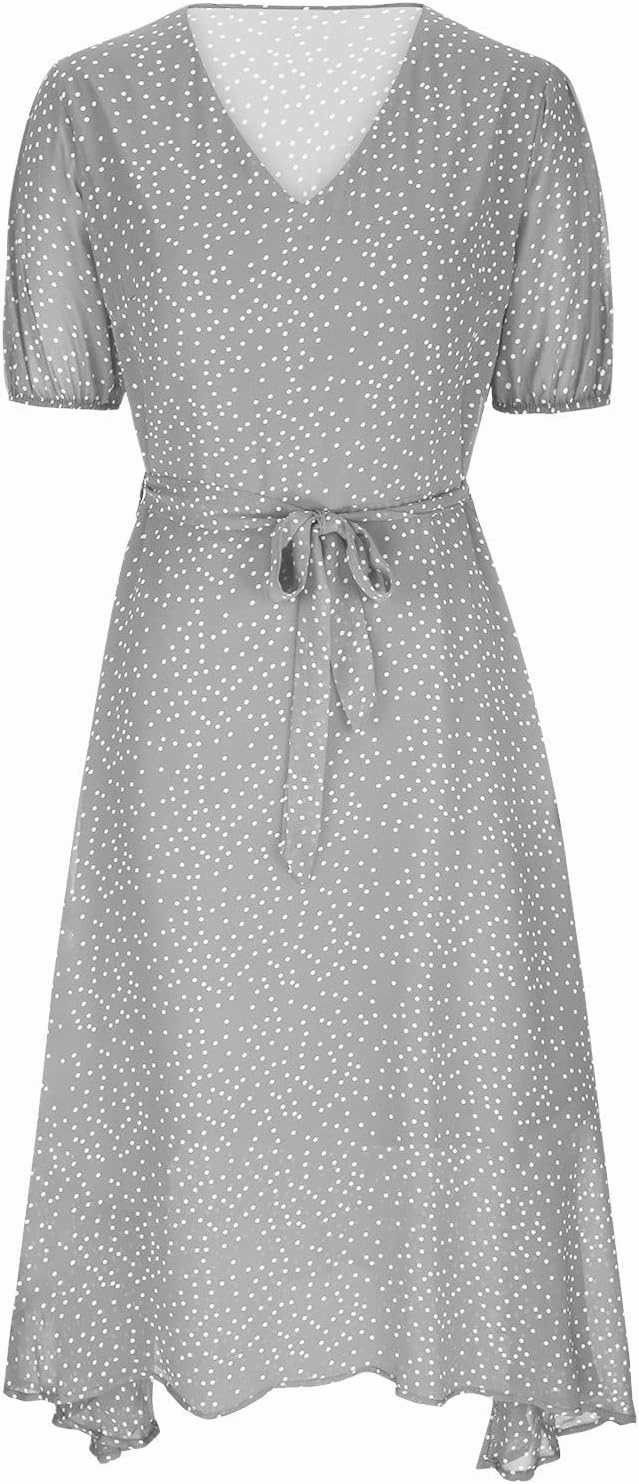 Womens Summer Wrap V-Neck Tie Waist Dress Bandage Boho Print Casual Short Sleeve Maxi Dress Vacation Midi Dress