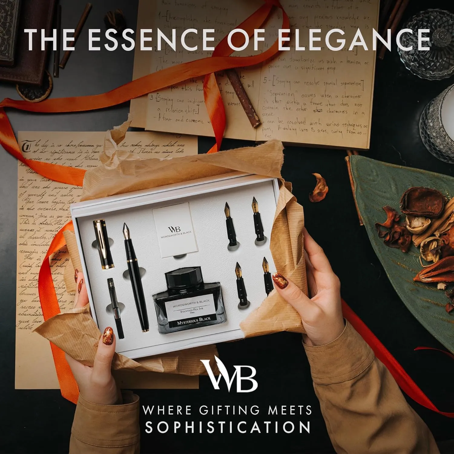 Wordsworth & Black Fountain Pen Gift Set, Includes Ink Bottle and Cartridges, Ink Refill Converter, 4 Replacement Nibs, Premium Package for Journaling and Calligraphy [Black Gold]