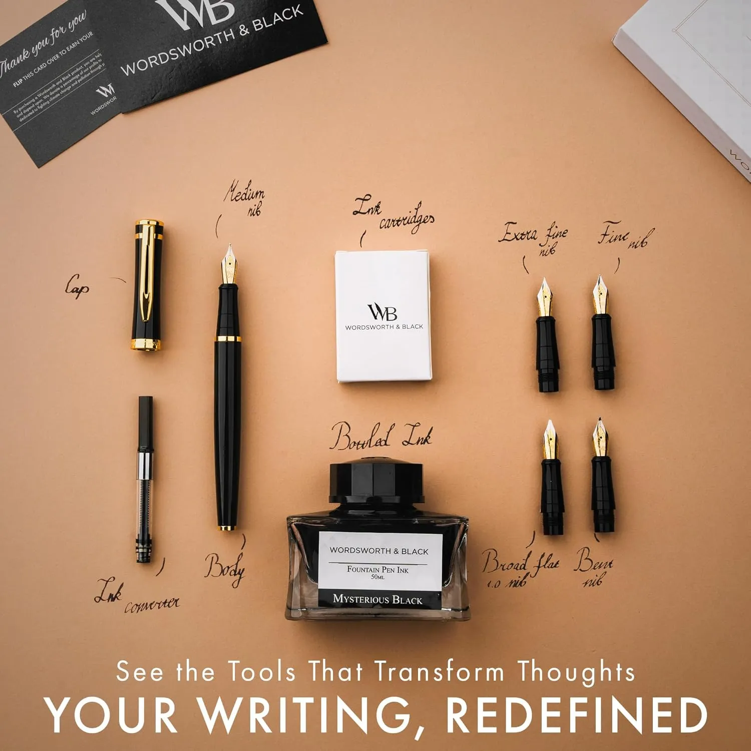 Wordsworth & Black Fountain Pen Gift Set, Includes Ink Bottle and Cartridges, Ink Refill Converter, 4 Replacement Nibs, Premium Package for Journaling and Calligraphy [Black Gold]