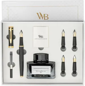Wordsworth & Black Fountain Pen Gift Set, Includes Ink Bottle and Cartridges, Ink Refill Converter, 4 Replacement Nibs, Premium Package for Journaling and Calligraphy [Black Gold]
