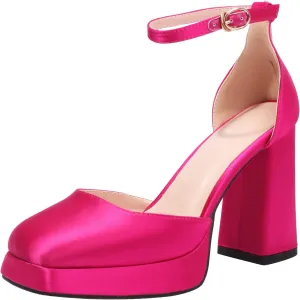 XIEDA Women's Closed Toe Platform Chunky High Block Satin Heels 4 Inch Ankle Strap Party Prom Dress Pumps