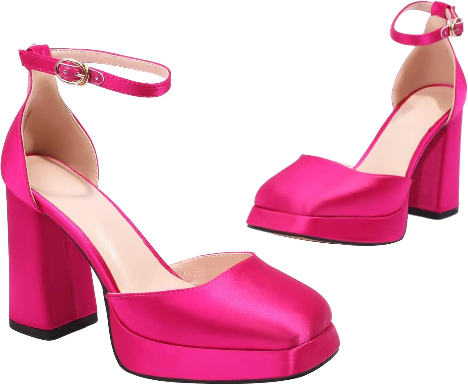 XIEDA Women's Closed Toe Platform Chunky High Block Satin Heels 4 Inch Ankle Strap Party Prom Dress Pumps