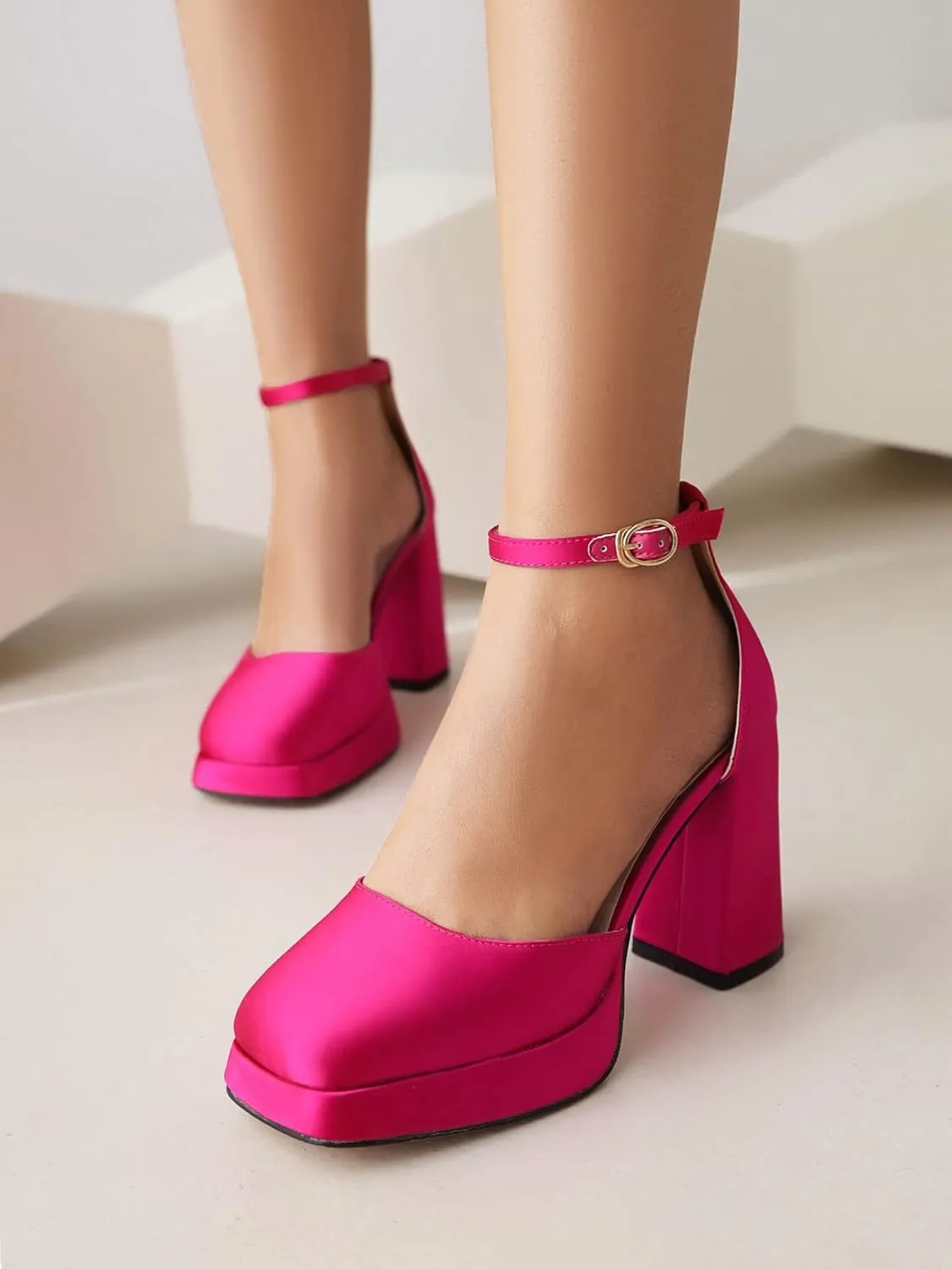 XIEDA Women's Closed Toe Platform Chunky High Block Satin Heels 4 Inch Ankle Strap Party Prom Dress Pumps