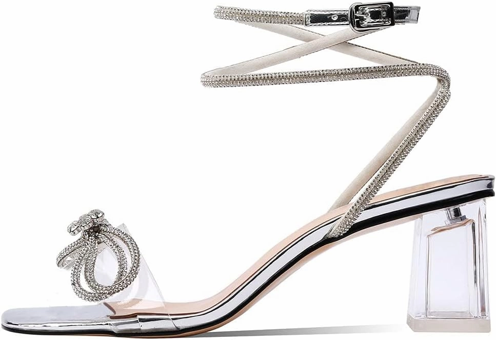 XINIUNIU Clear Bow Heels for Women Rhinestone Heeled Sandals Strap Transparent Crystal Square Toe Block Chunky Heels 2.5 Inch Dress Wedding Shoes