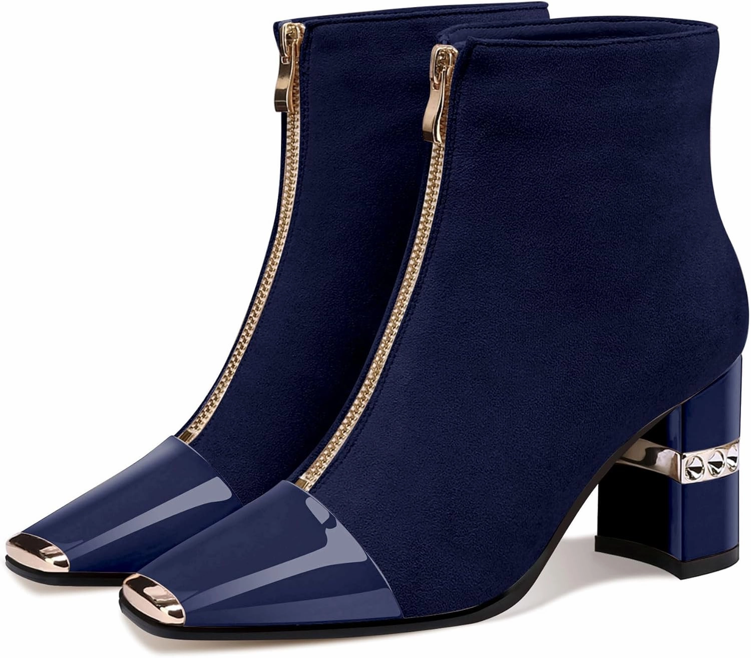 XINIUNIU Women's Ankle Boots Block Chunky Heels Booties Metal Square Toe Suede Front Zipper 3 Inch Short Boot Dress
