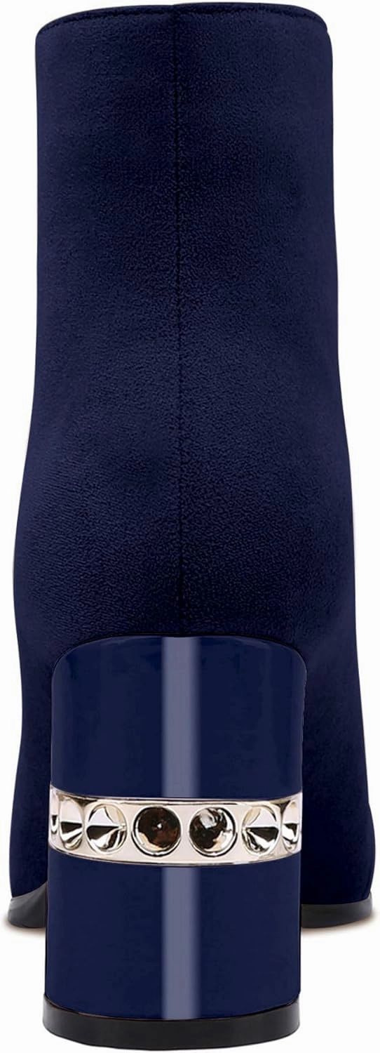 XINIUNIU Women's Ankle Boots Block Chunky Heels Booties Metal Square Toe Suede Front Zipper 3 Inch Short Boot Dress