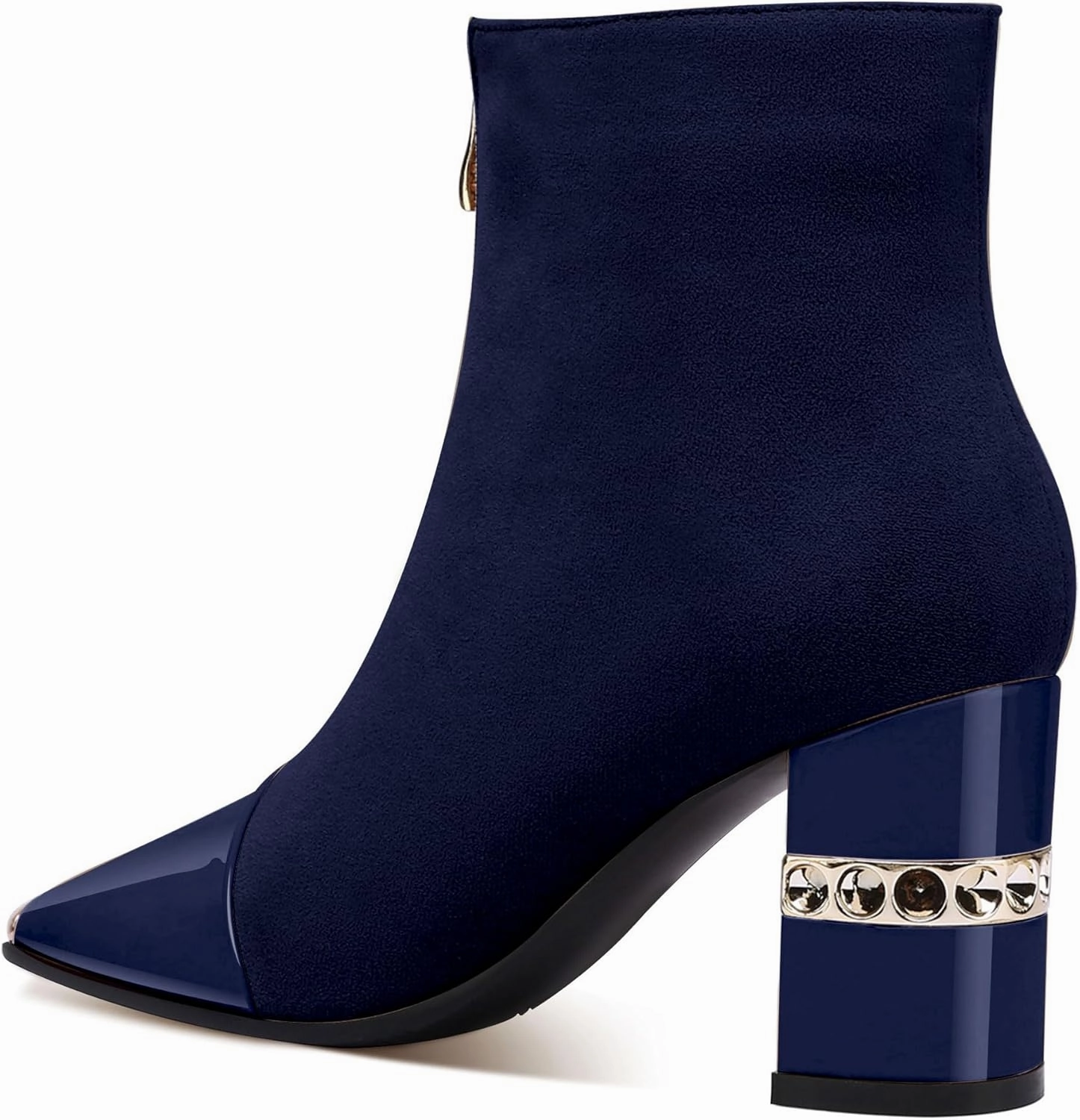 XINIUNIU Women's Ankle Boots Block Chunky Heels Booties Metal Square Toe Suede Front Zipper 3 Inch Short Boot Dress